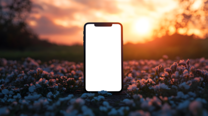 Smartphone with blank screen in a cotton field at sunset capturing serene and scenic outdoor views