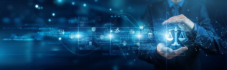 Legal analyst hands holding gavel legal technology network connections compliance software case...