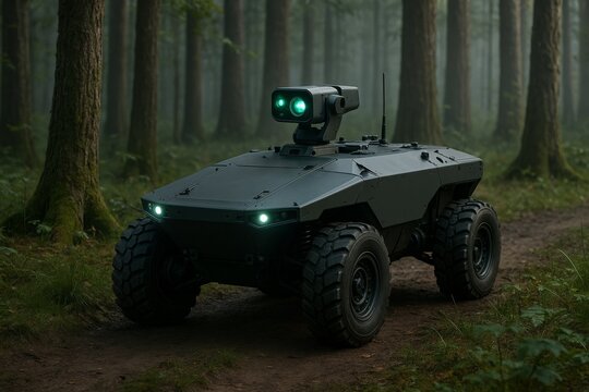 An autonomous military robot on a reconnaissance patrol in a misty forest. This unmanned ground vehicle represents the future of warfare, using autonomous technology for surveillance missions.