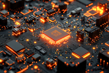 Advanced glowing circuit board with illuminated microchips and electronic components