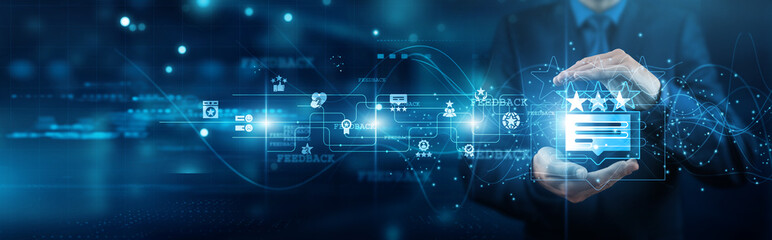 Quality manager hands holding survey feedback network connections responses analysis improvements customer insight communication evaluation satisfaction engagement reporting performance.