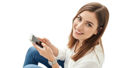 Fototapeta premium Young woman holding a smartphone isolated on white background