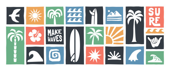 Beach and surf icon vector set with tropical elements like palm trees, waves, surfboards, and sun. Perfect for summer designs, t-shirts, posters, and coastal branding.