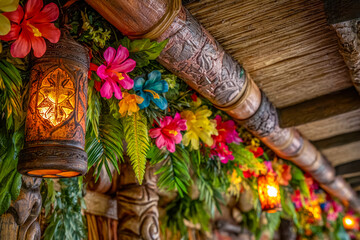Fototapeta premium Vibrant tropical decor with colorful flowers and ornate lighting fixtures on a rustic bamboo ceiling