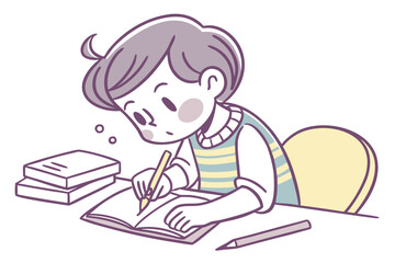 Child writing in book at desk with books and pencil