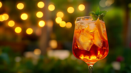 Aperol spritz cocktail with ice cubes, mint leaves, and orange slice in elegant wine glass, set against defocused string lights at evening garden party scene, radiating festive cozy ambiance