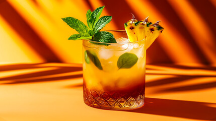 Mai Tai in patterned glass with dark rum layer, ice, mint and pineapple garnish, on vibrant orange background with palm shadows - tropical refreshment.