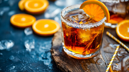 Tequila Sunrise in short glass with salt rim, ice and orange slice garnish, on rustic wooden surface with scattered oranges and ice, cozy bar vibe with warm lighting.