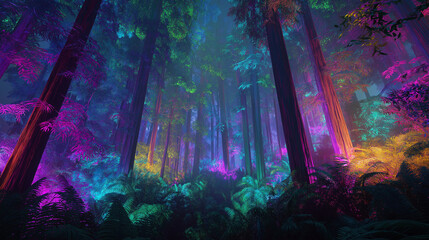 Obraz premium Colorful neon-illuminated fantasy forest with glowing vibrant foliage in magenta, cyan, green and yellow under a dreamlike mist, blending digital nature, imagination, and surreal luminous atmosphere
