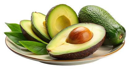 Freshly sliced ripe avocados with green leaves on a plate against a dark background