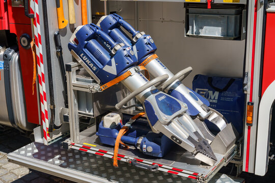 Krak&oacute;w,  Lesser Poland, Poland - 15 June 2025: electrohydraulic rescue device - wireless hydraulic scissor spreader of the German brand LUKAS