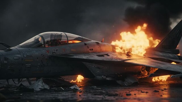 Damaged fighter jet engulfed in flames