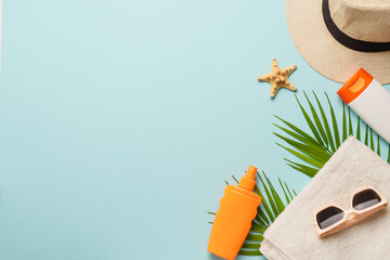 Summer flat lay background on blue.