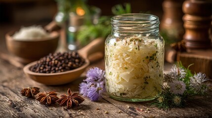 A jar of homemade sauerkraut sits on a wooden table, surrounded by spices like star anise and black peppercorns, along with fresh herbs and flowers, creating a cozy kitchen atmosphere.