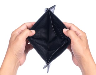 Hands holding an empty black wallet showing no money