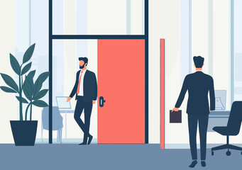 Fototapeta premium Businessman entering office and another leaving workplace with briefcase representing staff turnover employee job change and office environment concept flat vector illustration