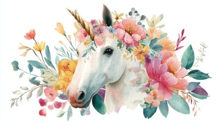 A beautifully illustrated unicorn features a colorful floral crown made of various flowers.
