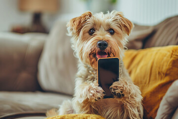 cute dog lying on a couch holding a smartphone indoors