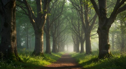 Naklejka premium Enchanting Forest Path with Misty Morning Light