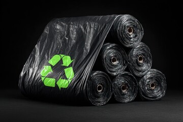 Rolls of dark plastic bags with a green recycle symbol