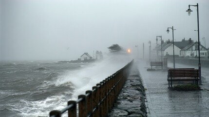 Waves crash against the seaside path as strong winds sway trees. The cloudy sky and dim light indicate a stormy evening by the water. Benches line the wet path, and distant houses faintly glow.