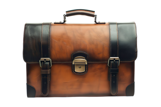 Stylish brown and black leather briefcase isolated on a transparent background - Powered by Adobe