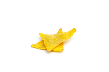 Fototapeta premium Yellow tortilla chips stacked on a clean white background, showcasing their crispy texture and triangular shape, perfect for snacking or culinary presentations