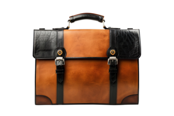 Stylish brown and black leather briefcase isolated on a transparent background