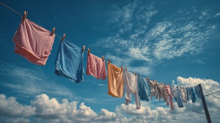 Clothes of various colors hang on a line, swaying gently in the breeze underneath a bright blue sky filled with fluffy white clouds, creating a vibrant and cheerful atmosphere.