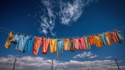 A vibrant display of various clothing items is hung on a clothesline, fluttering gently in the breeze against a stunning blue sky dotted with fluffy clouds.