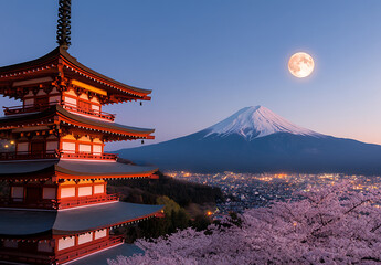 Pagoda, mountain, and moon combine to create a stunning Japanese landscape at twilight. The cherry blossoms add a touch of spring.