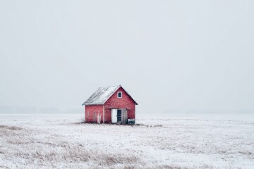 Red barn in snowy field (1)