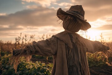 Scarecrow at sunset in a field