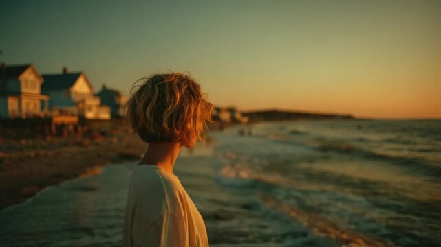 , keywords, and category suggestion for the image

 Woman gazing at sunset, beach