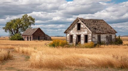 Two old, weathered houses stand in a vast golden field under a moody sky filled with clouds. Wildflowers add color to the landscape. The scene captures the beauty of rural abandonment.
