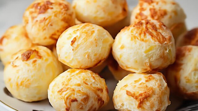 Close up of a pile of Brazilian cheese bread (p&atilde;o de queijo) on a plate, featuring a soft focus background and warm lighting.