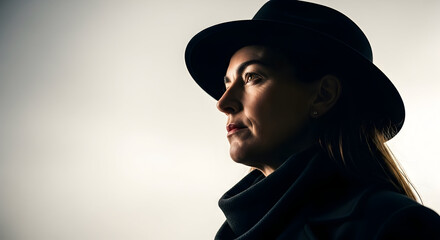 Elegant woman wearing a stylish black hat and scarf looking thoughtfully into the distance with a soft light background creating a sophisticated and timeless portrait perfect for fashion and lifestyle