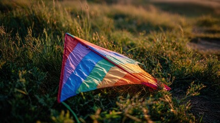 Rainbow kite in grass at sunset