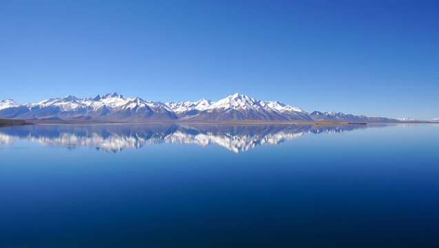 Snow capped mountains reflected in a calm blue lake under a clear sky - Powered by Adobe