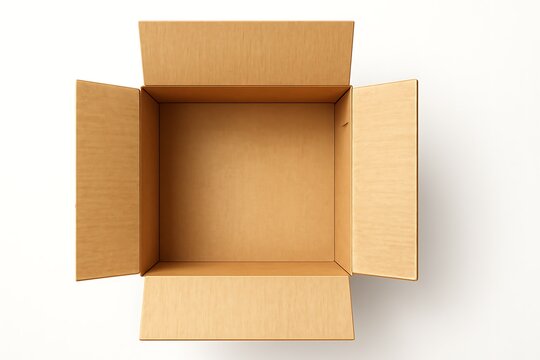 Open empty cardboard box viewed from directly above on a white background