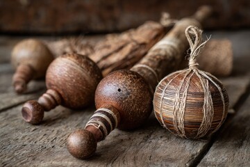 Wooden handcrafted items on rustic wood