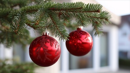 Two red christmas ball ornaments hanging on a green fir tree branch outdoors for seasonal holiday decoration.