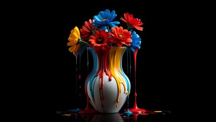 Fototapeta premium Vibrant dripping paint vase with colorful flowers