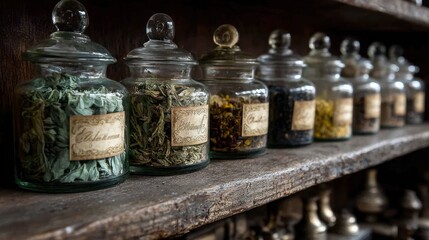 Glass jars of dried herbs on wooden shelves