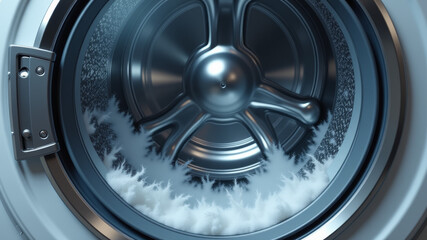 Washing machine stuck mid-cycle with soap residue showing laundry appliance error