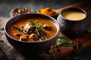 Hearty beef curry in bowl, creamy drink beside