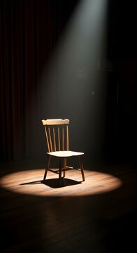 "Wooden Chair Under Spotlight on Dark Theater Stage with Dramatic Lighting"


