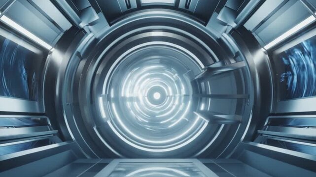 Futuristic corridor with glowing circular patterns and sleek metallic surfaces in a sci-fi setting