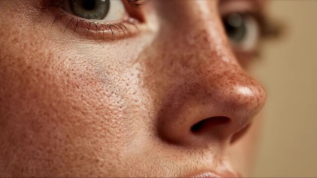 Close-up of a young person's freckled skin showing natural beauty and texture in a warm-toned setting during daylight