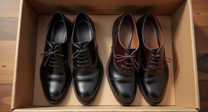 Mismatched shoes in box indicating order mistake or packaging failure